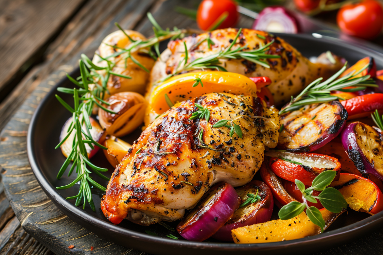 frango grelhado com vegetais assados