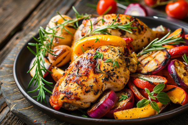frango grelhado com vegetais assados